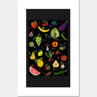 Fruit and vegetables English alphabet on dark Posters and Art